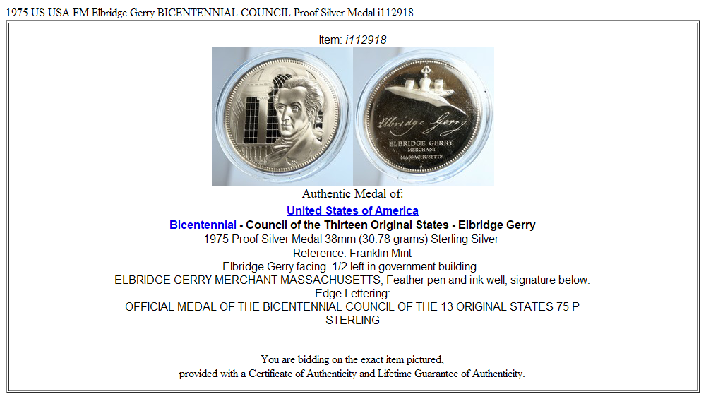 1975 US USA FM Elbridge Gerry BICENTENNIAL COUNCIL Proof Silver Medal i112918