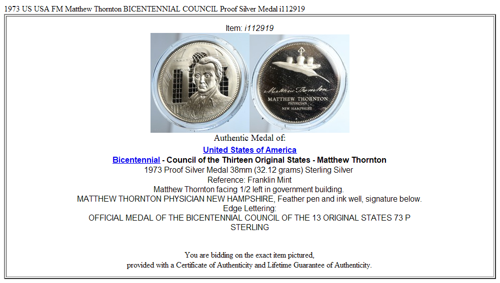 1973 US USA FM Matthew Thornton BICENTENNIAL COUNCIL Proof Silver Medal i112919