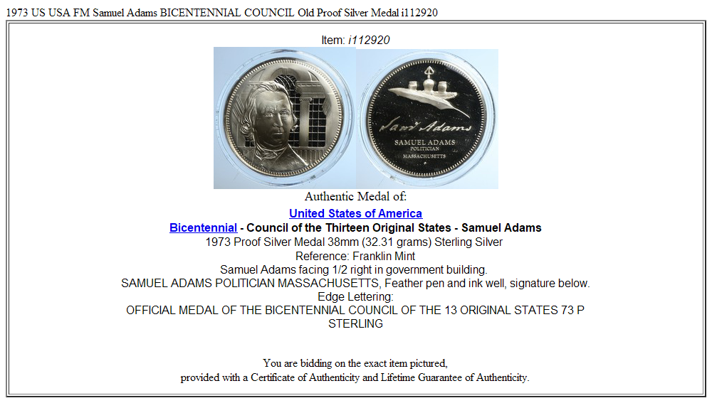 1973 US USA FM Samuel Adams BICENTENNIAL COUNCIL Old Proof Silver Medal i112920