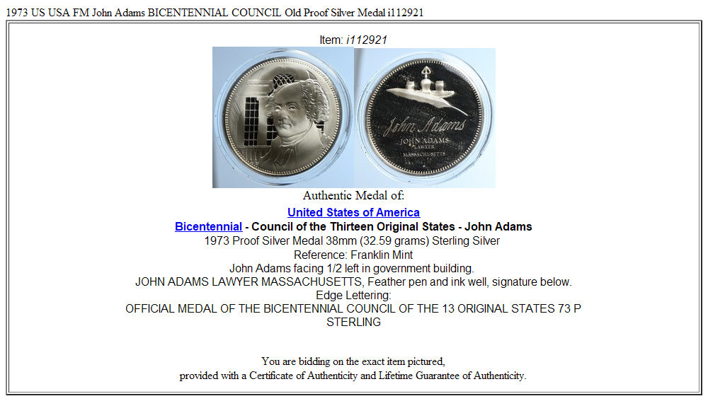 1973 US USA FM John Adams BICENTENNIAL COUNCIL Old Proof Silver Medal i112921