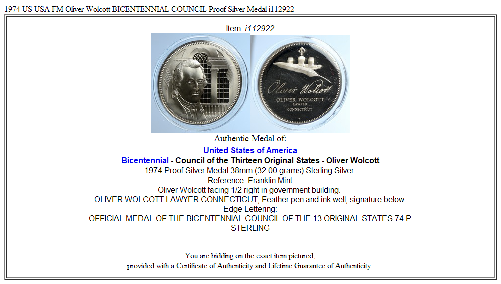 1974 US USA FM Oliver Wolcott BICENTENNIAL COUNCIL Proof Silver Medal i112922