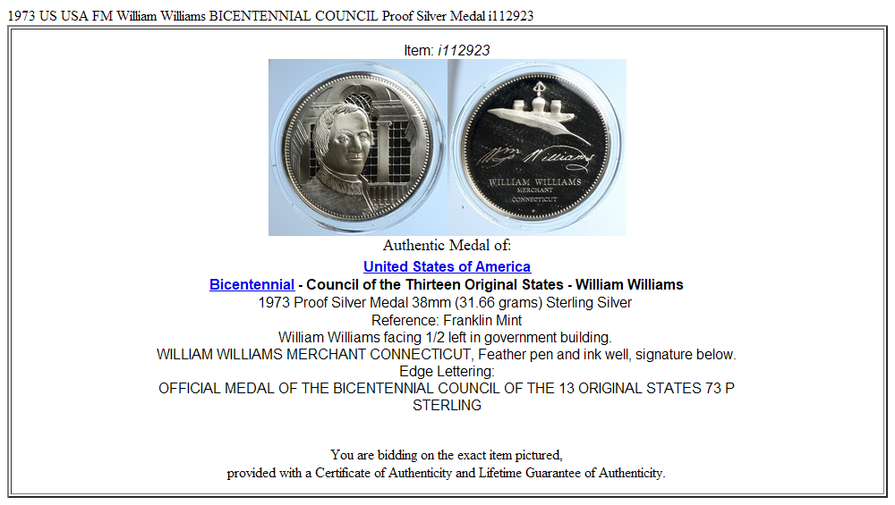 1973 US USA FM William Williams BICENTENNIAL COUNCIL Proof Silver Medal i112923