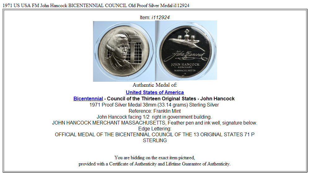 1971 US USA FM John Hancock BICENTENNIAL COUNCIL Old Proof Silver Medal i112924