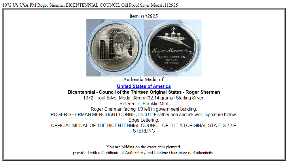 1972 US USA FM Roger Sherman BICENTENNIAL COUNCIL Old Proof Silver Medal i112925