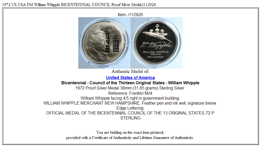 1972 US USA FM William Whipple BICENTENNIAL COUNCIL Proof Silver Medal i112926