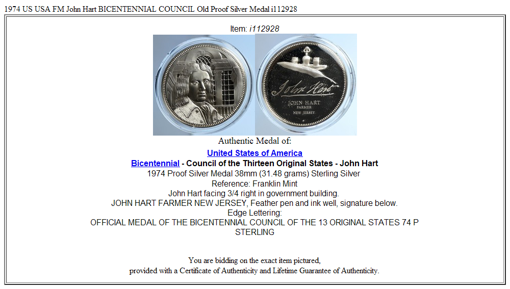 1974 US USA FM John Hart BICENTENNIAL COUNCIL Old Proof Silver Medal i112928