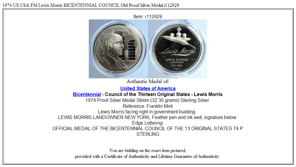 1974 US USA FM Lewis Morris BICENTENNIAL COUNCIL Old Proof Silver Medal i112929