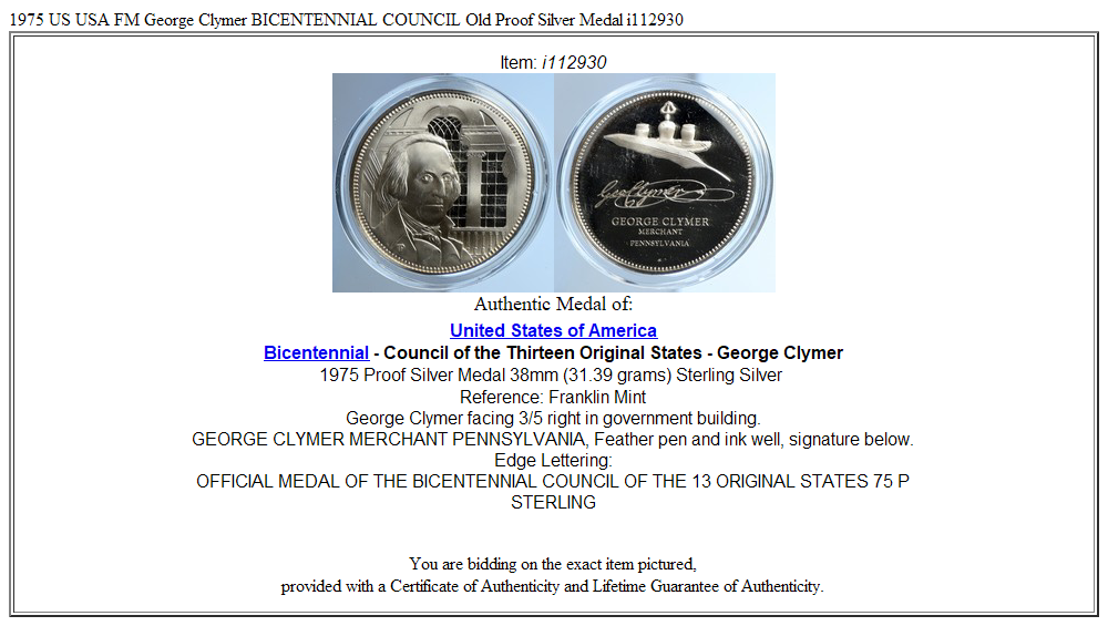 1975 US USA FM George Clymer BICENTENNIAL COUNCIL Old Proof Silver Medal i112930