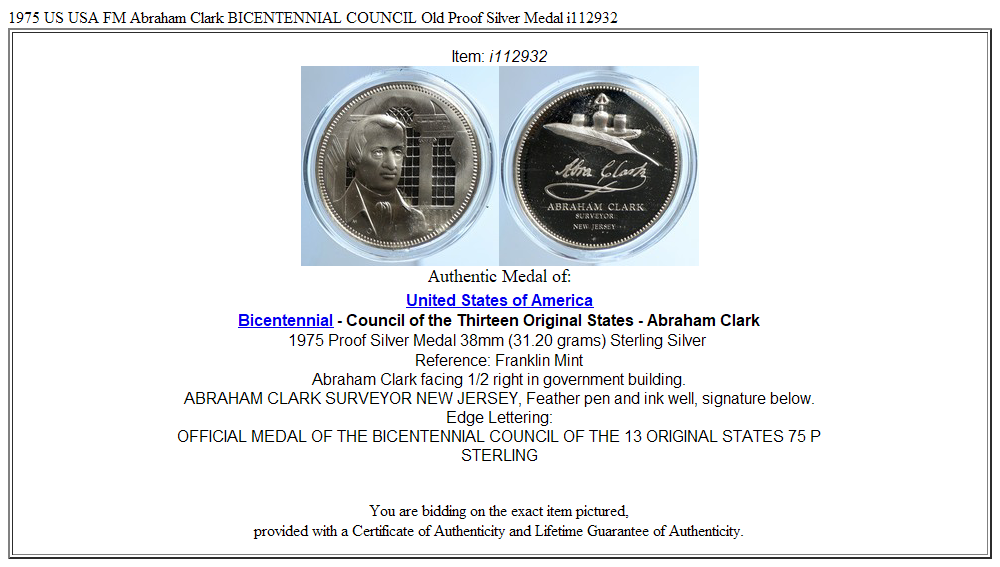 1975 US USA FM Abraham Clark BICENTENNIAL COUNCIL Old Proof Silver Medal i112932