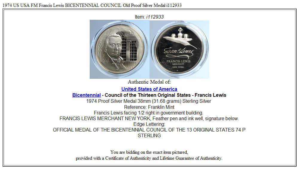 1974 US USA FM Francis Lewis BICENTENNIAL COUNCIL Old Proof Silver Medal i112933