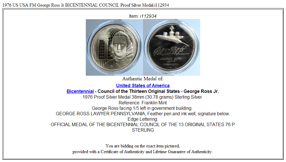 1976 US USA FM George Ross Jr BICENTENNIAL COUNCIL Proof Silver Medal i112934