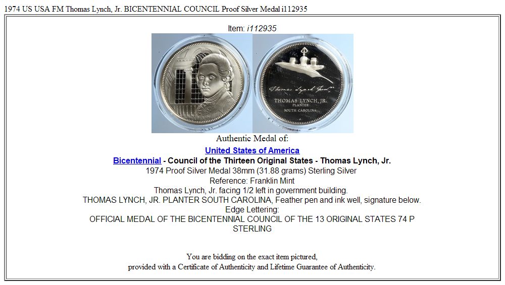 1974 US USA FM Thomas Lynch, Jr. BICENTENNIAL COUNCIL Proof Silver Medal i112935