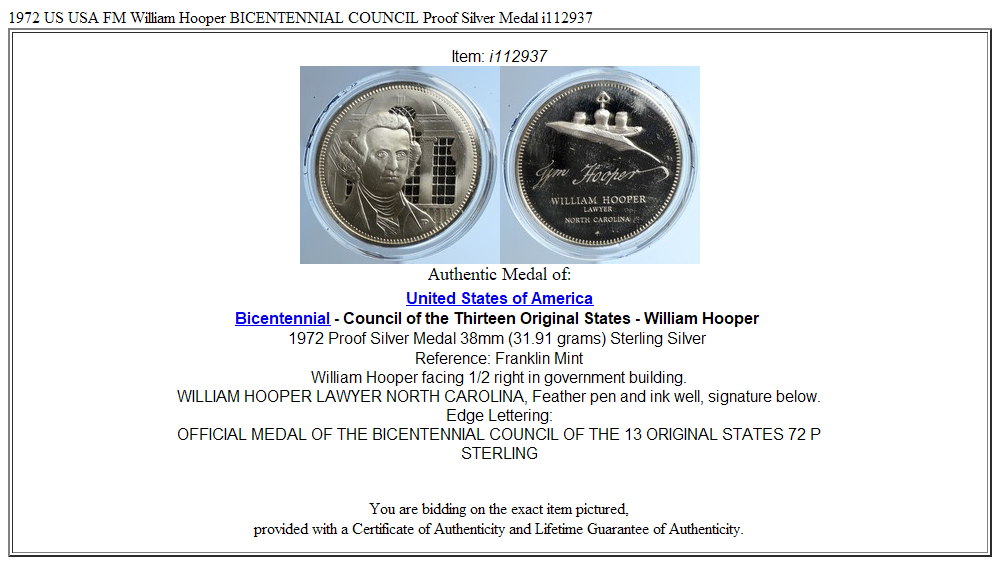 1972 US USA FM William Hooper BICENTENNIAL COUNCIL Proof Silver Medal i112937