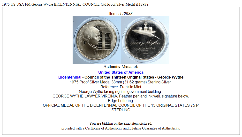 1975 US USA FM George Wythe BICENTENNIAL COUNCIL Old Proof Silver Medal i112938