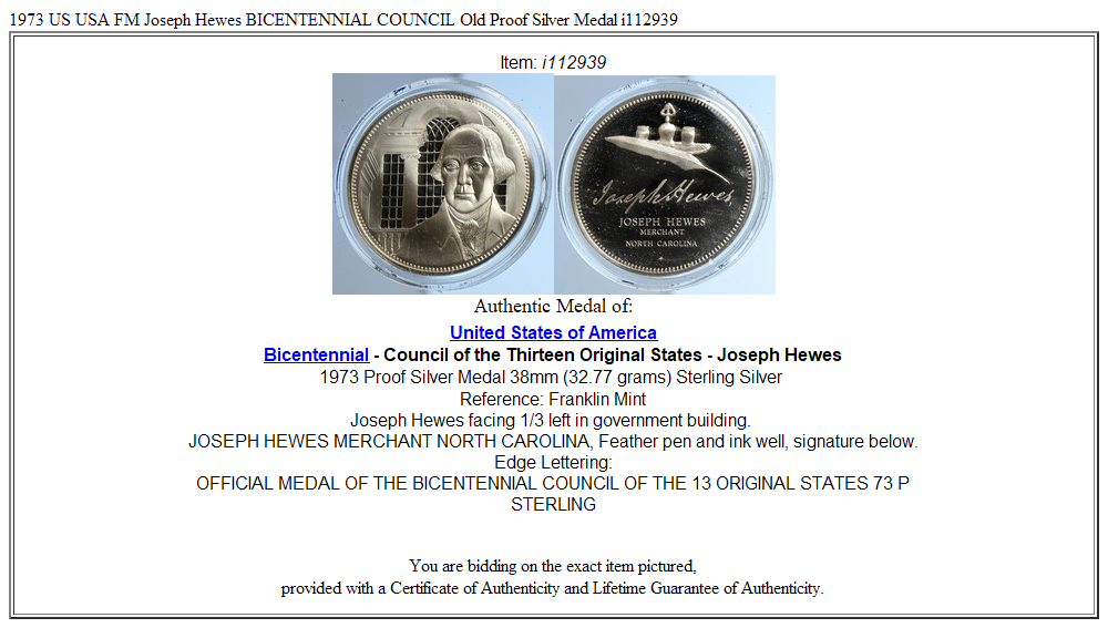 1973 US USA FM Joseph Hewes BICENTENNIAL COUNCIL Old Proof Silver Medal i112939