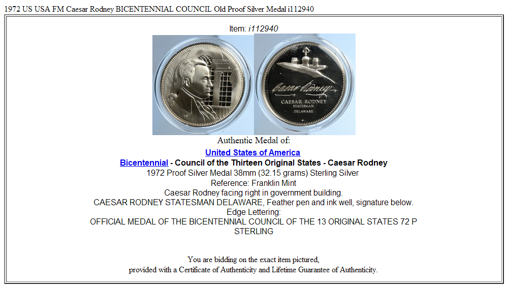 1972 US USA FM Caesar Rodney BICENTENNIAL COUNCIL Old Proof Silver Medal i112940