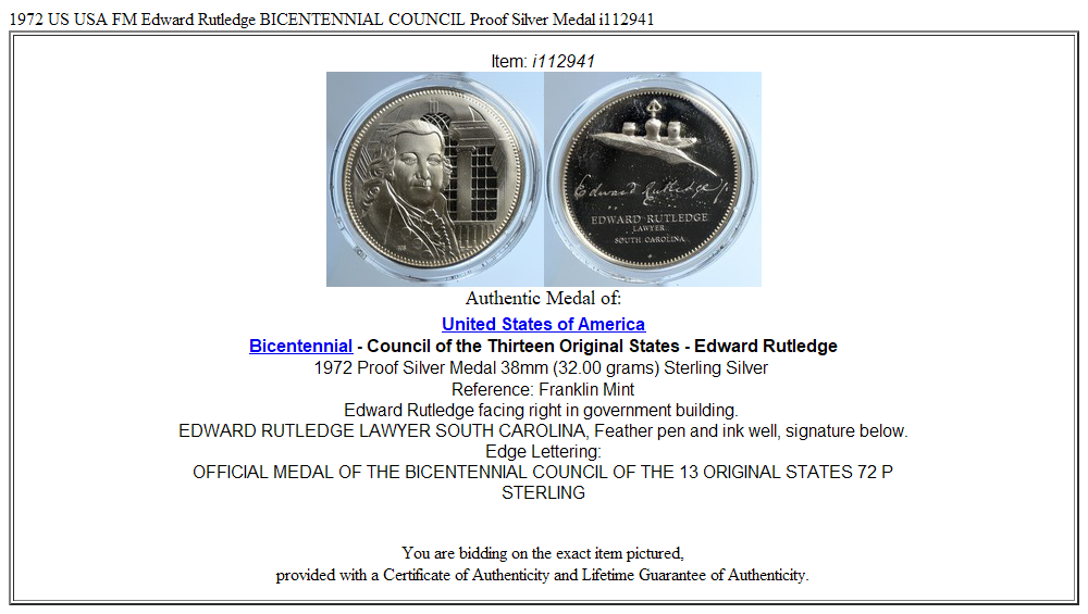 1972 US USA FM Edward Rutledge BICENTENNIAL COUNCIL Proof Silver Medal i112941