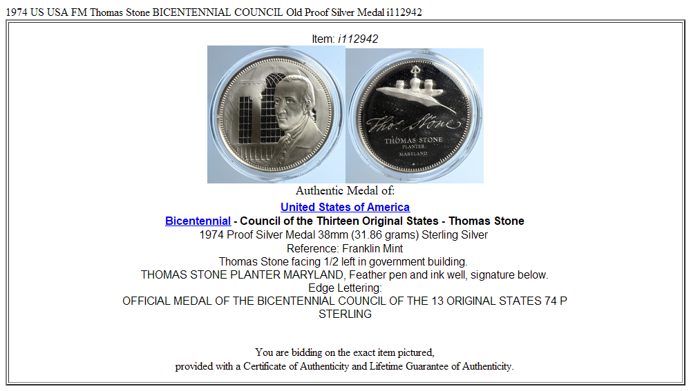 1974 US USA FM Thomas Stone BICENTENNIAL COUNCIL Old Proof Silver Medal i112942