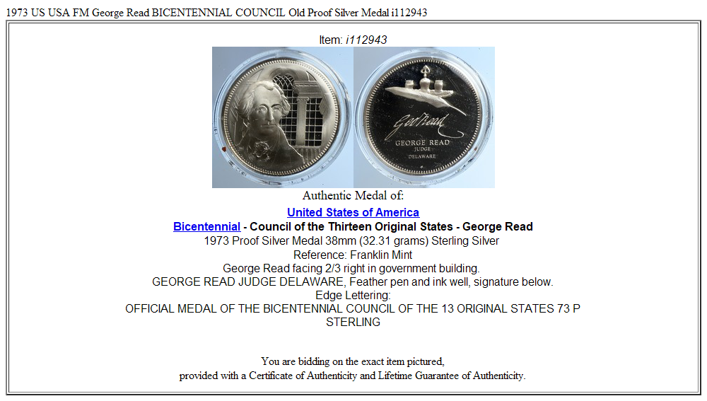 1973 US USA FM George Read BICENTENNIAL COUNCIL Old Proof Silver Medal i112943