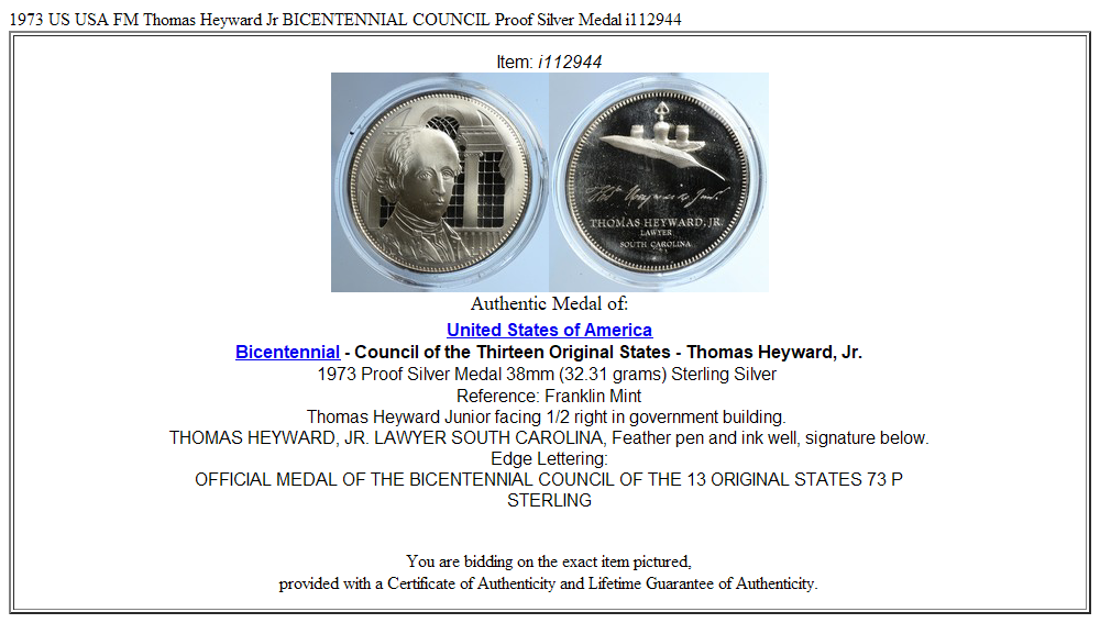 1973 US USA FM Thomas Heyward Jr BICENTENNIAL COUNCIL Proof Silver Medal i112944