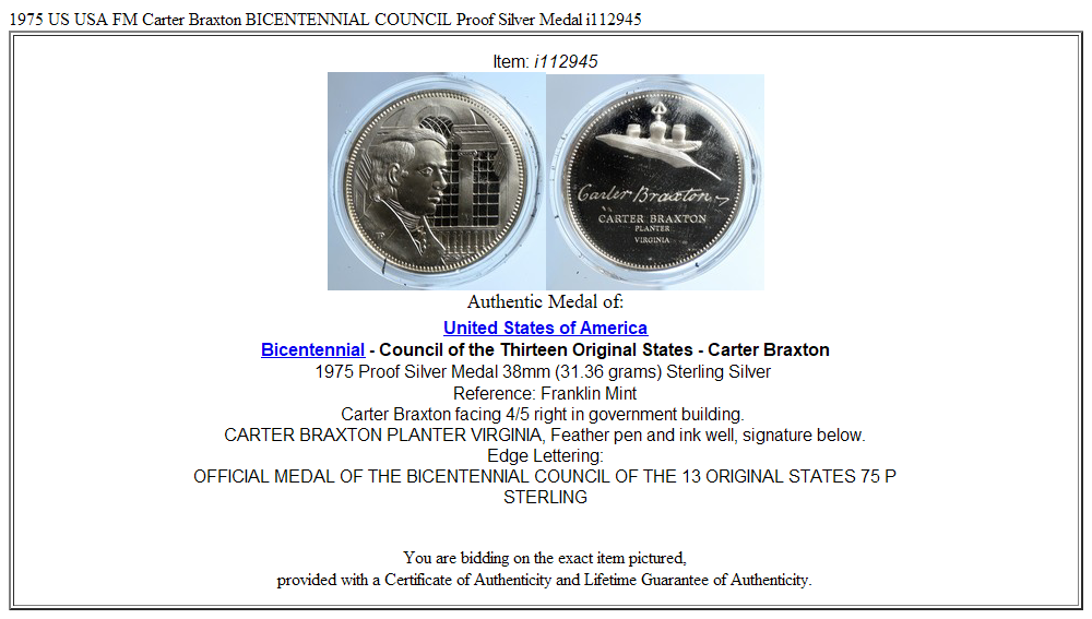 1975 US USA FM Carter Braxton BICENTENNIAL COUNCIL Proof Silver Medal i112945