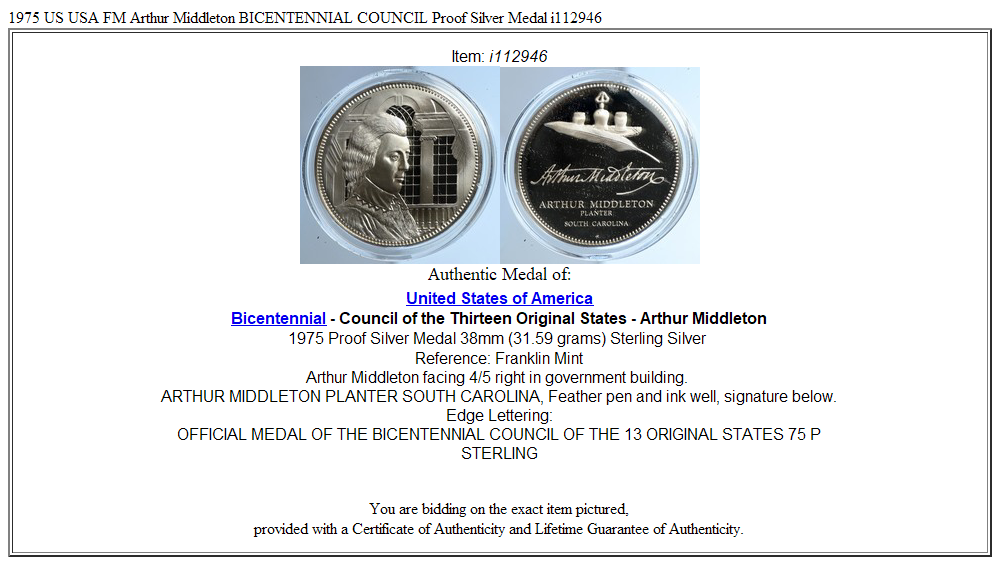 1975 US USA FM Arthur Middleton BICENTENNIAL COUNCIL Proof Silver Medal i112946