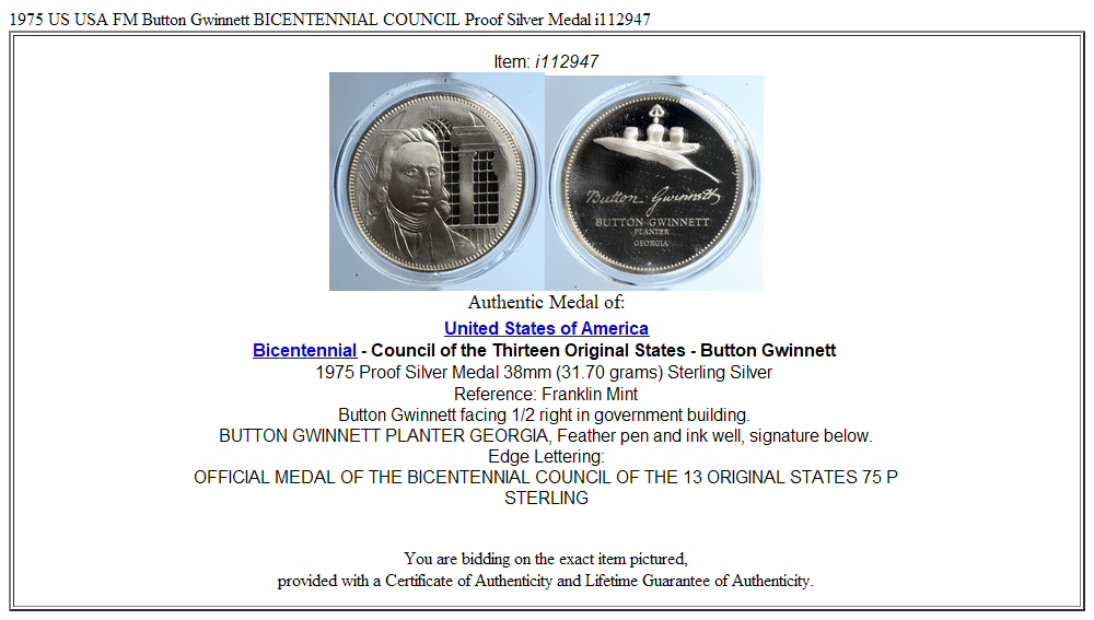 1975 US USA FM Button Gwinnett BICENTENNIAL COUNCIL Proof Silver Medal i112947