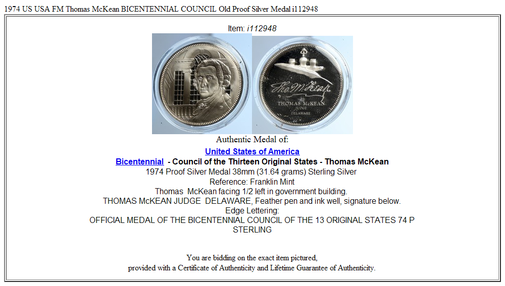 1974 US USA FM Thomas McKean BICENTENNIAL COUNCIL Old Proof Silver Medal i112948