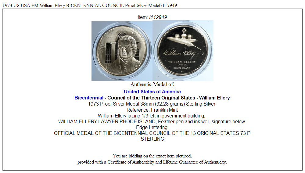 1973 US USA FM William Ellery BICENTENNIAL COUNCIL Proof Silver Medal i112949