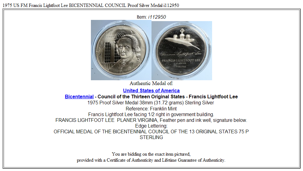 1975 US FM Francis Lightfoot Lee BICENTENNIAL COUNCIL Proof Silver Medal i112950