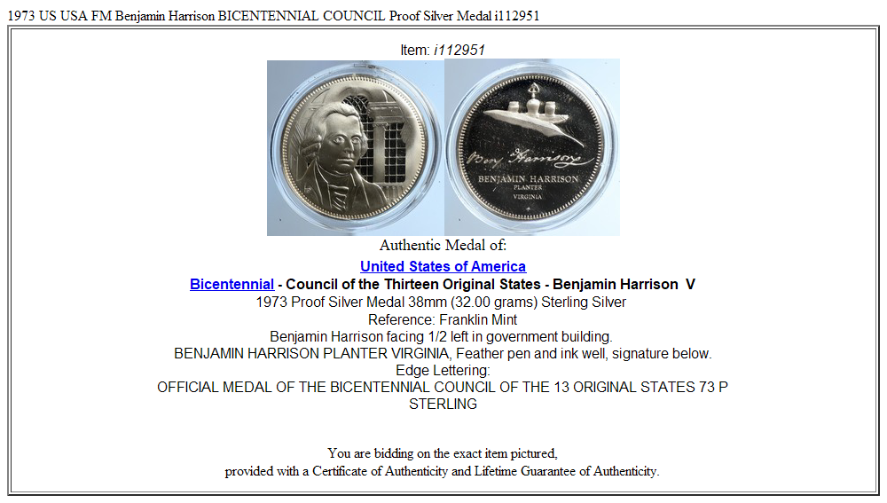 1973 US USA FM Benjamin Harrison BICENTENNIAL COUNCIL Proof Silver Medal i112951