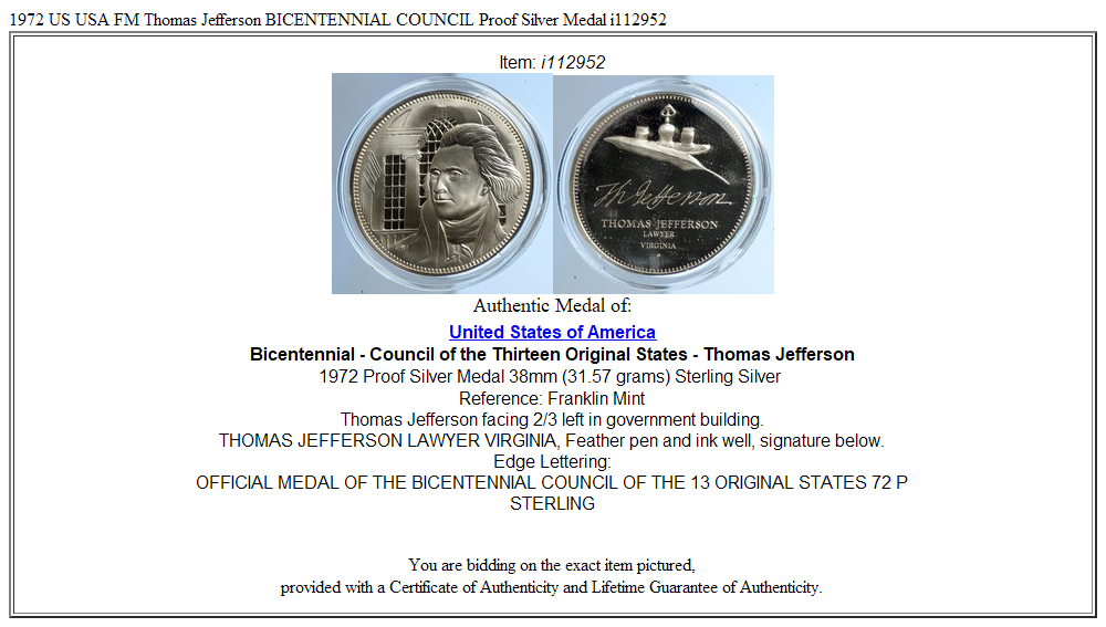 1972 US USA FM Thomas Jefferson BICENTENNIAL COUNCIL Proof Silver Medal i112952