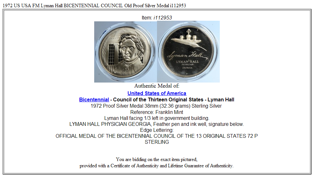 1972 US USA FM Lyman Hall BICENTENNIAL COUNCIL Old Proof Silver Medal i112953