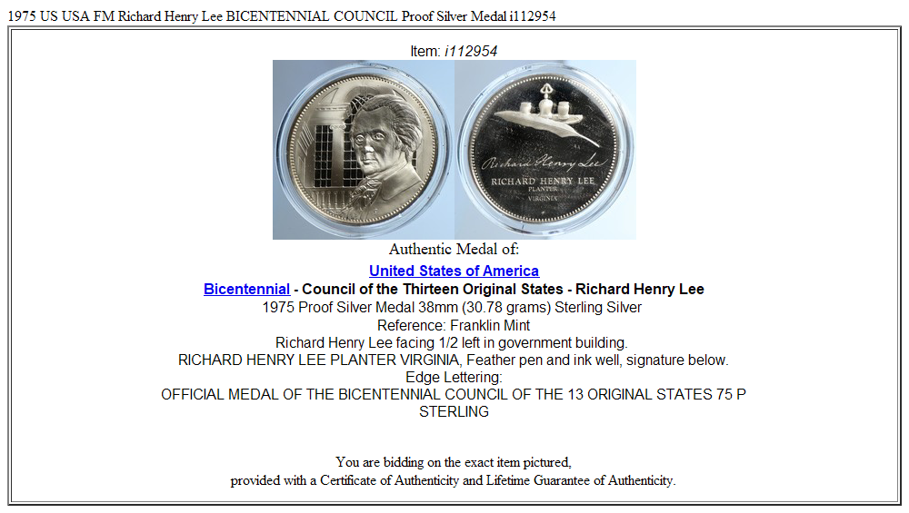 1975 US USA FM Richard Henry Lee BICENTENNIAL COUNCIL Proof Silver Medal i112954