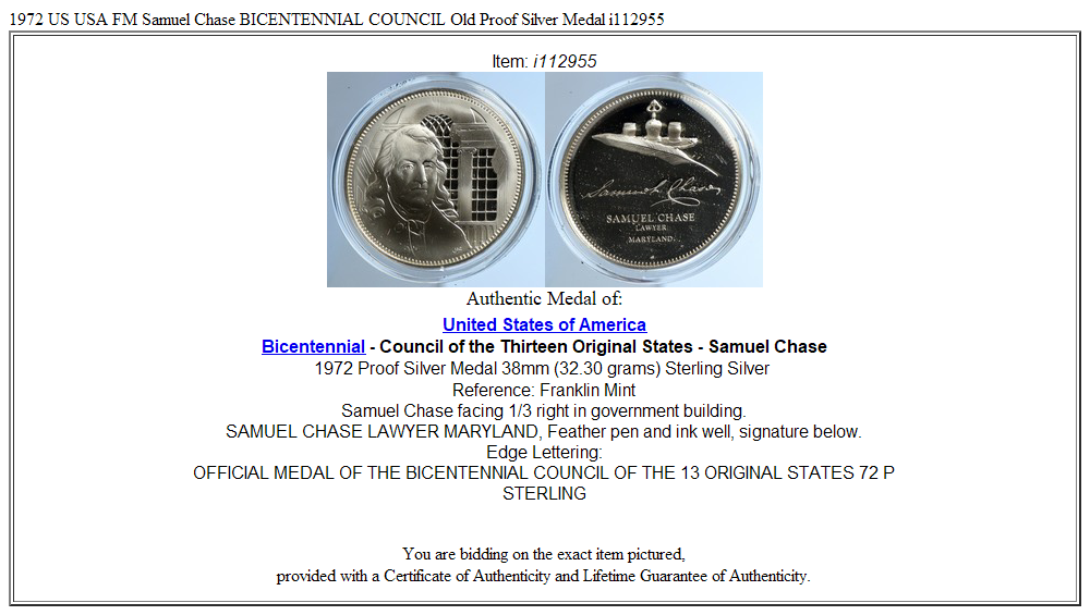 1972 US USA FM Samuel Chase BICENTENNIAL COUNCIL Old Proof Silver Medal i112955