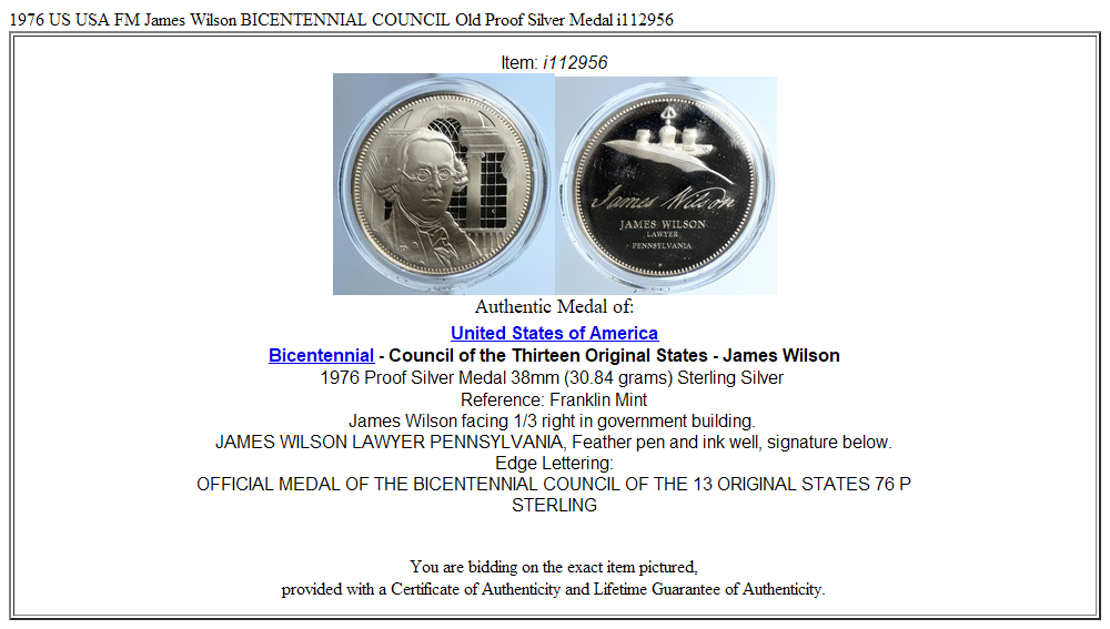 1976 US USA FM James Wilson BICENTENNIAL COUNCIL Old Proof Silver Medal i112956