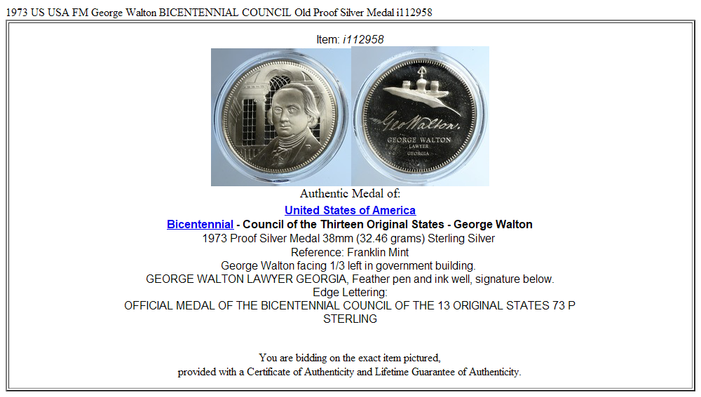 1973 US USA FM George Walton BICENTENNIAL COUNCIL Old Proof Silver Medal i112958