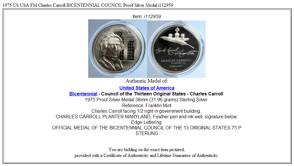 1975 US USA FM Charles Carroll BICENTENNIAL COUNCIL Proof Silver Medal i112959