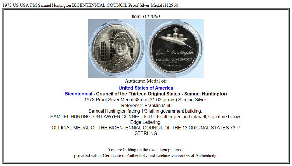 1973 US USA FM Samuel Huntington BICENTENNIAL COUNCIL Proof Silver Medal i112960