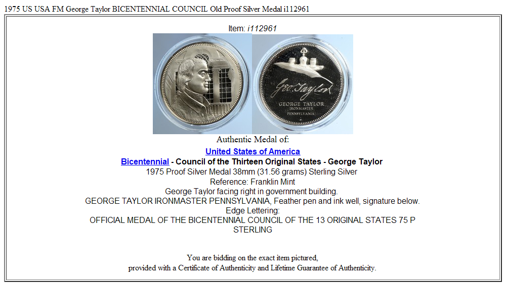 1975 US USA FM George Taylor BICENTENNIAL COUNCIL Old Proof Silver Medal i112961