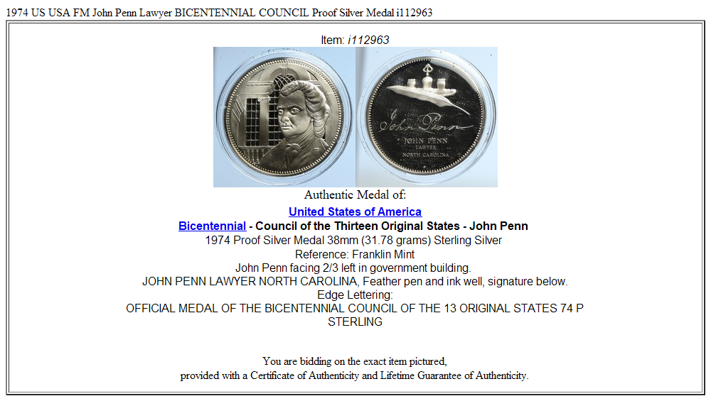 1974 US USA FM John Penn Lawyer BICENTENNIAL COUNCIL Proof Silver Medal i112963