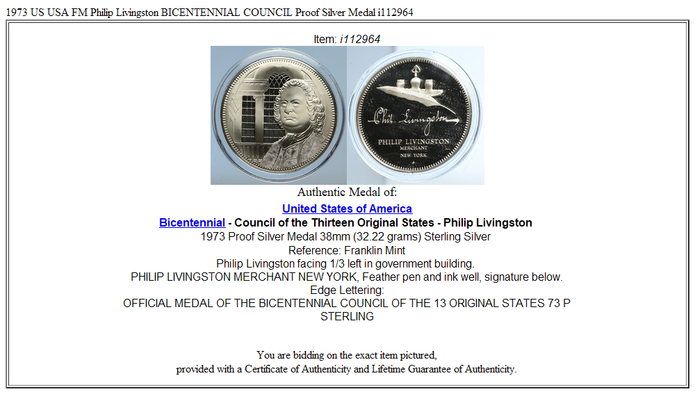 1973 US USA FM Philip Livingston BICENTENNIAL COUNCIL Proof Silver Medal i112964