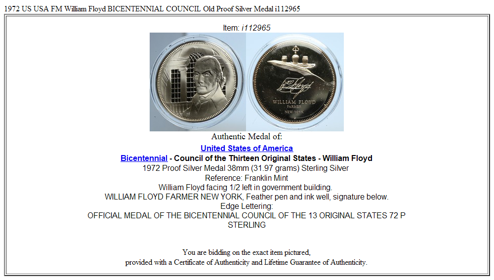 1972 US USA FM William Floyd BICENTENNIAL COUNCIL Old Proof Silver Medal i112965