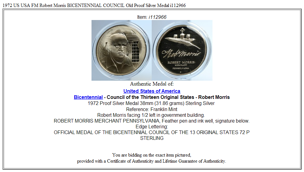 1972 US USA FM Robert Morris BICENTENNIAL COUNCIL Old Proof Silver Medal i112966