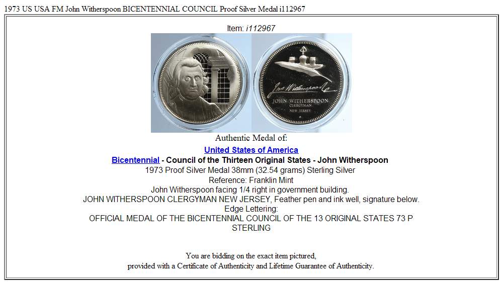 1973 US USA FM John Witherspoon BICENTENNIAL COUNCIL Proof Silver Medal i112967