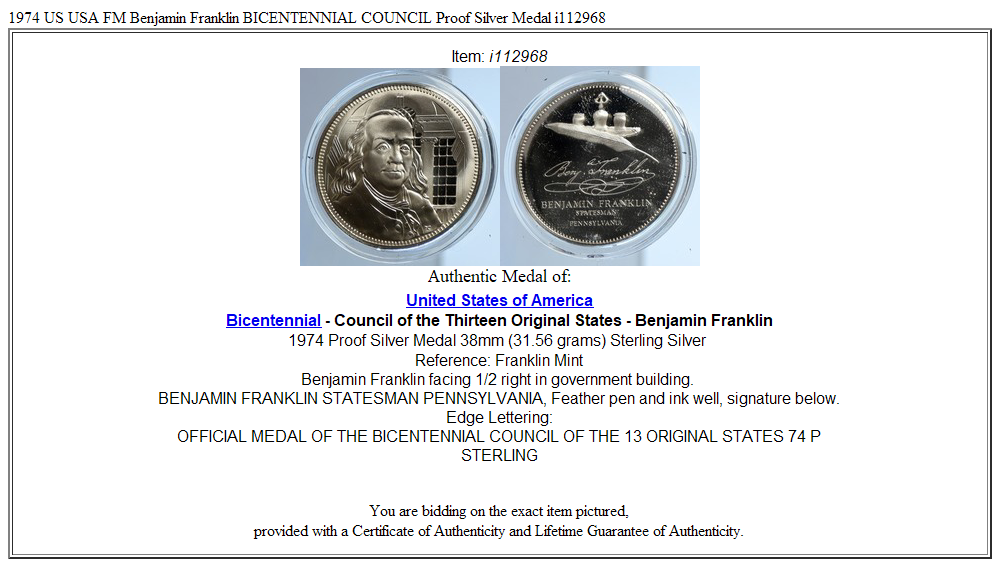 1974 US USA FM Benjamin Franklin BICENTENNIAL COUNCIL Proof Silver Medal i112968