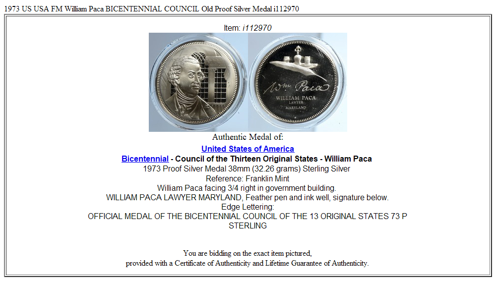 1973 US USA FM William Paca BICENTENNIAL COUNCIL Old Proof Silver Medal i112970