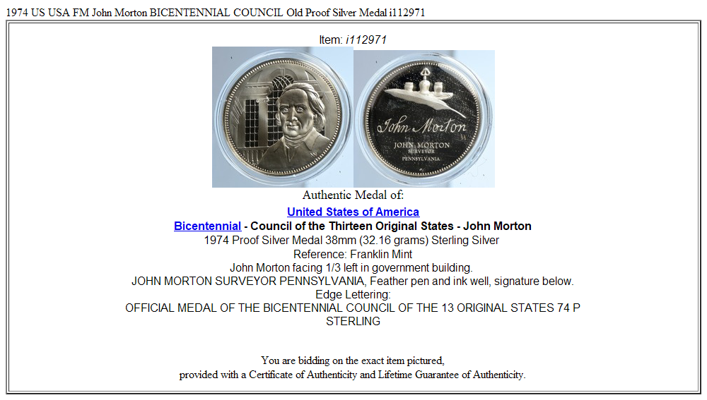 1974 US USA FM John Morton BICENTENNIAL COUNCIL Old Proof Silver Medal i112971