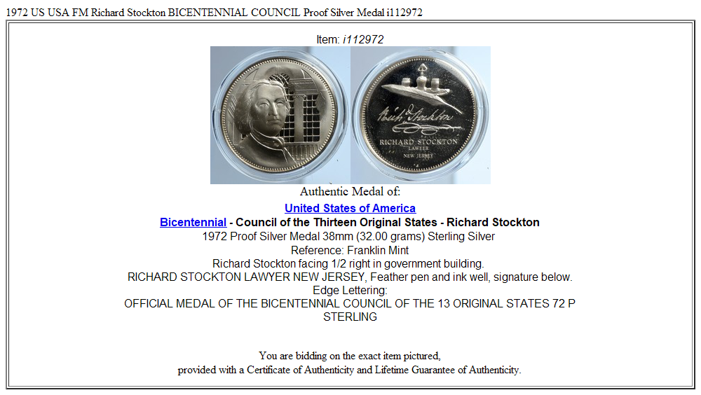 1972 US USA FM Richard Stockton BICENTENNIAL COUNCIL Proof Silver Medal i112972