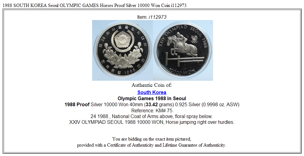 1988 SOUTH KOREA Seoul OLYMPIC GAMES Horses Proof Silver 10000 Won Coin i112973